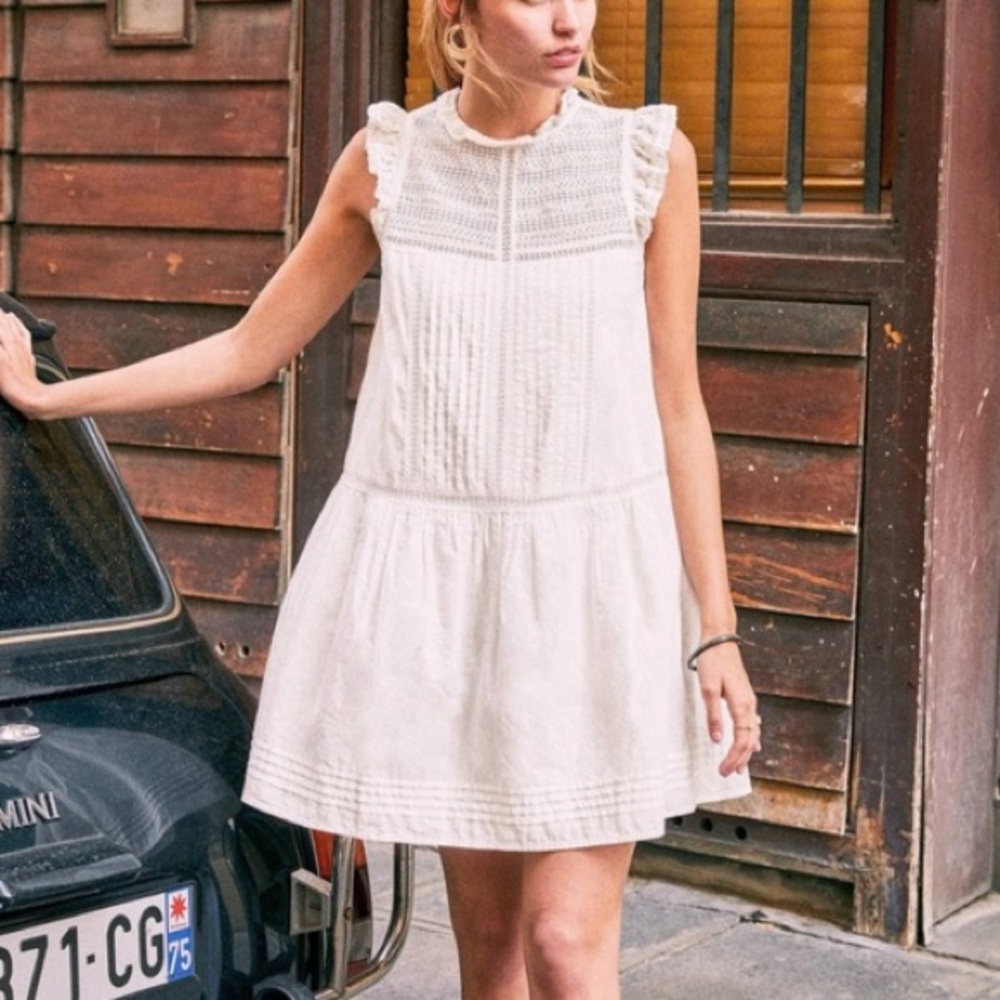 EUC Sezane Sophia Crochet Lace Pintuck White Sundress